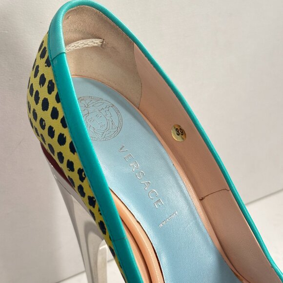 Versace 2010 Pois Print Pump - Yellow Teal Platform Metal Heels 39 - RARE - Picture 8 of 14